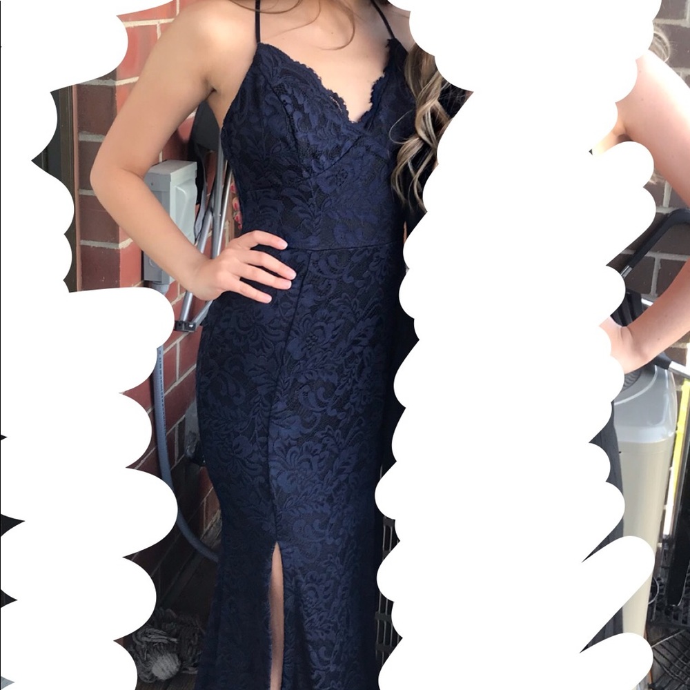 Navy Blue Lace Long Dress